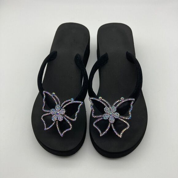 Colorful Crystal Butterfly Velvet Platform Slippers Size 5/23,5cm - Picture 2 of 9